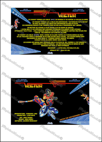 Bally Vector 1982 Game Cards Instructions Pinball Machine Custom Apron Printed Rules