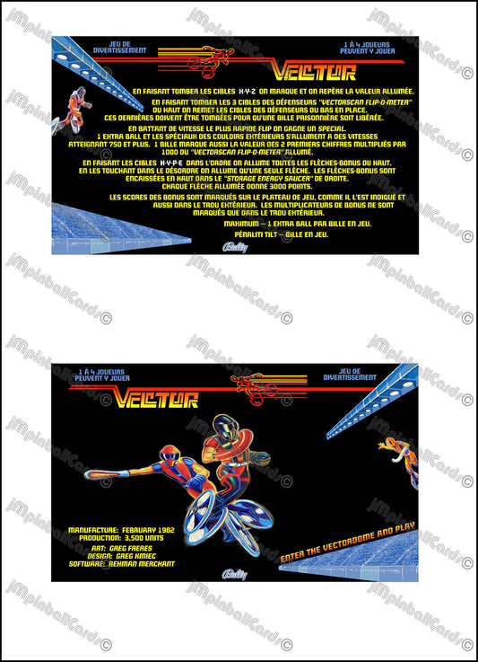 Bally Vector 1982 Jeu Cartes Instructions Flipper Custom Apron règles imprimées