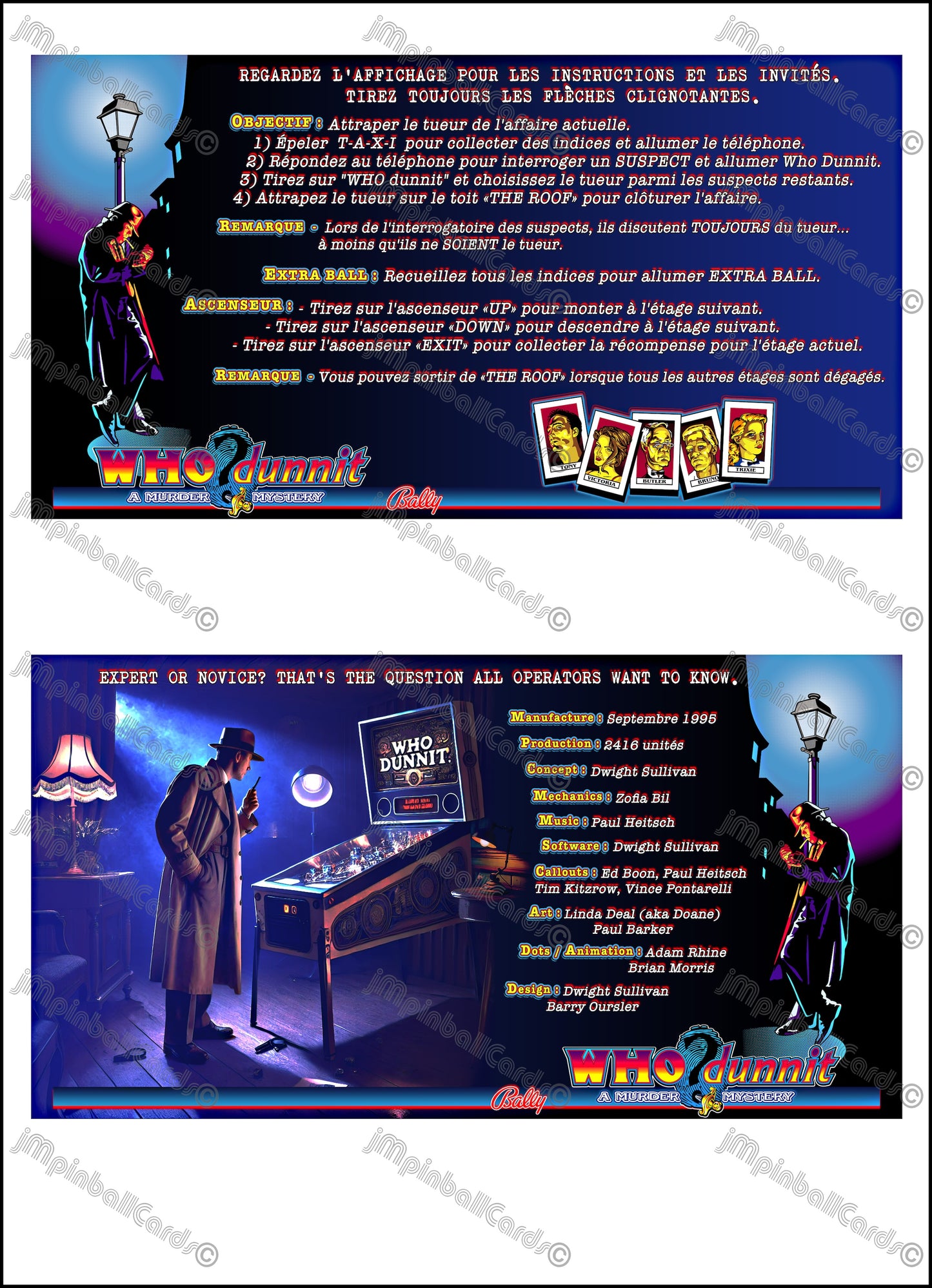 Instrucciones para tarjetas de juego Bally Who Dunnit 1995, delantal personalizado de pinball, reglas impresas