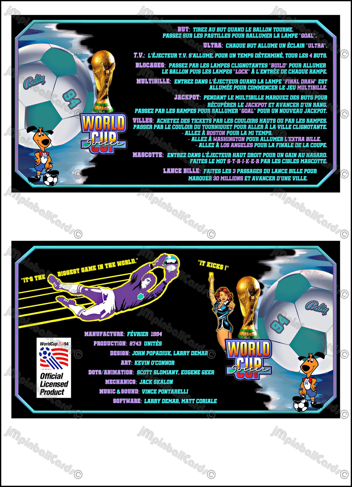 Bally World Cup Soccer USA 1994 BK Jeu Cartes Instructions Flipper Custom Apron règles imprimées