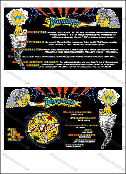 Williams Whirlwind 1990 Game Cards Instructions Pinball Machine Custom Apron Printed Rules BK