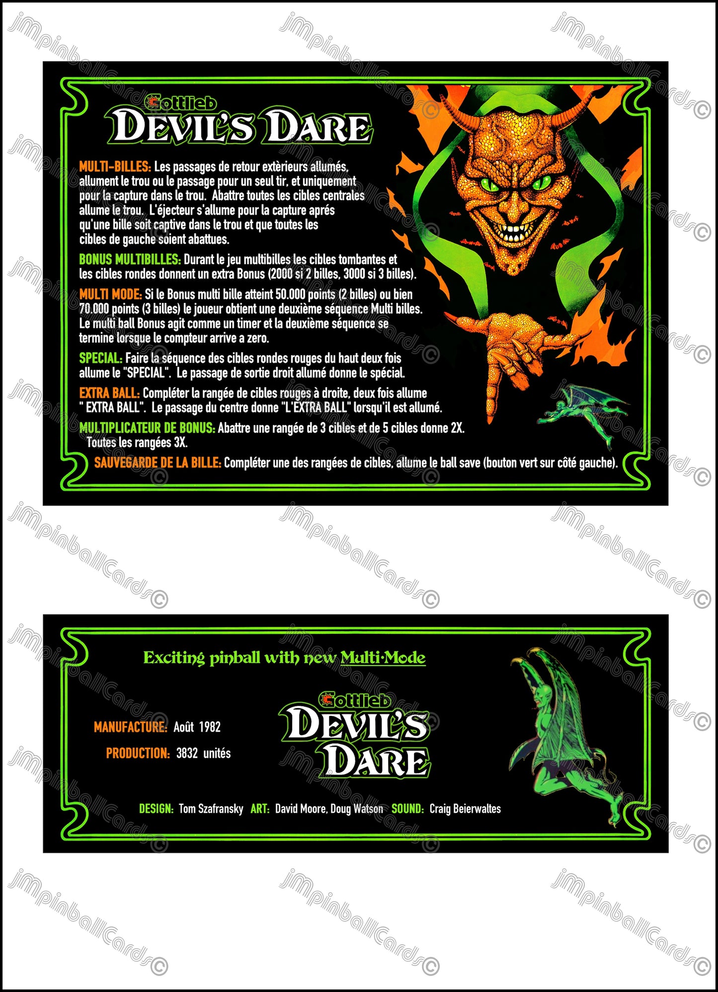 Instrucciones de las tarjetas del juego Gottlieb Devil's Dare 1982, versión Pinball 2, tarjetas de delantal de pinball con impresión personalizada