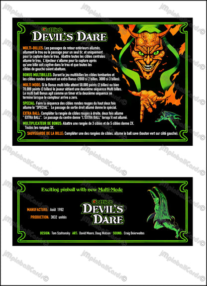 Gottlieb Devil's Dare 1982 Game Cards Instructions Pinball Custom Apron Printed Rules V2