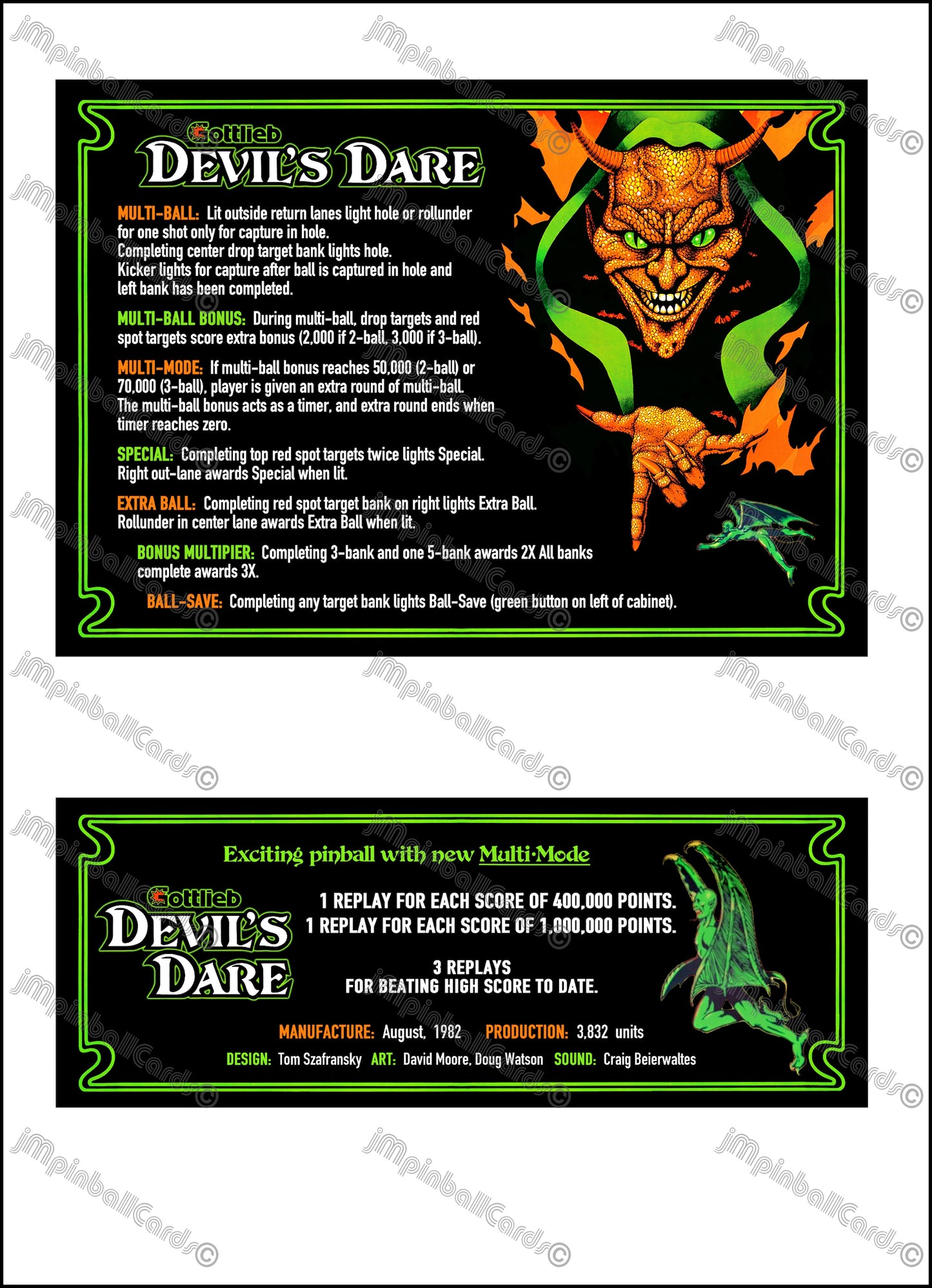 Instrucciones de las tarjetas del juego Gottlieb Devil's Dare 1982, versión Pinball 2, tarjetas de delantal de pinball con impresión personalizada