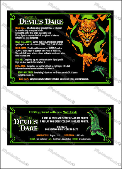 Gottlieb Devil's Dare 1982 Game Cards Instructions Pinball Custom Apron Printed Rules V2