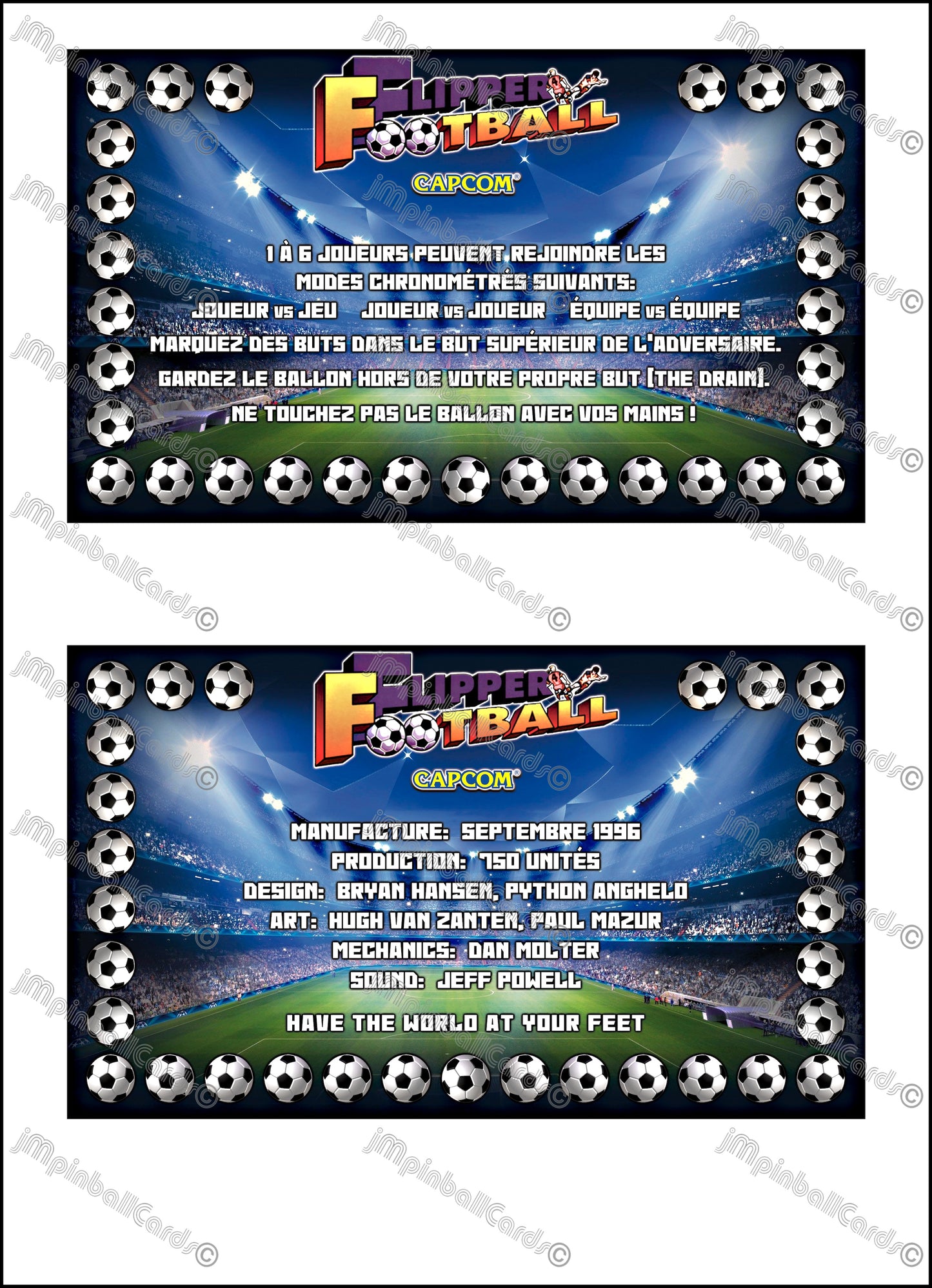 Capcom "Flipper Football" 1996 Jeu Cartes Instructions Flipper Custom Apron règles imprimées Foot