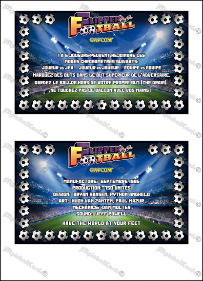 Instrucciones de las tarjetas del juego Capcom "Flipper Football" de 1996. Delantal personalizado. Reglas impresas para máquina de pinball. Fútbol.