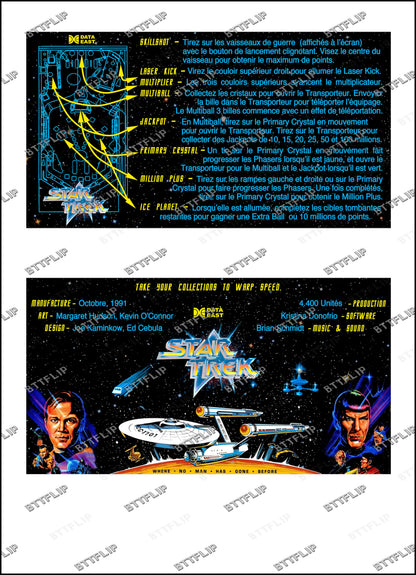 Instrucciones de las tarjetas del juego Data East STAR TREK 1991, delantal personalizado de pinball, reglas impresas V1