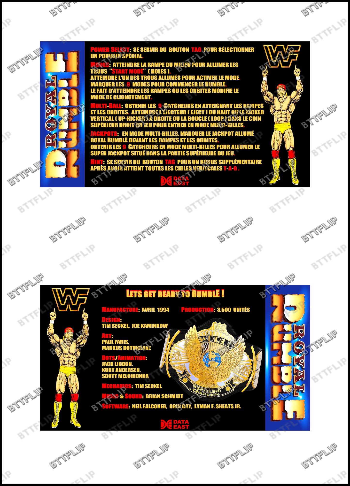 Data East ROYAL RUMBLE WWF 1994 Jeu Cartes Instructions Flipper Custom Apron règles imprimées
