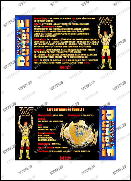 Data East ROYAL RUMBLE WWF 1994 Jeu Cartes Instructions Flipper Custom Apron règles imprimées