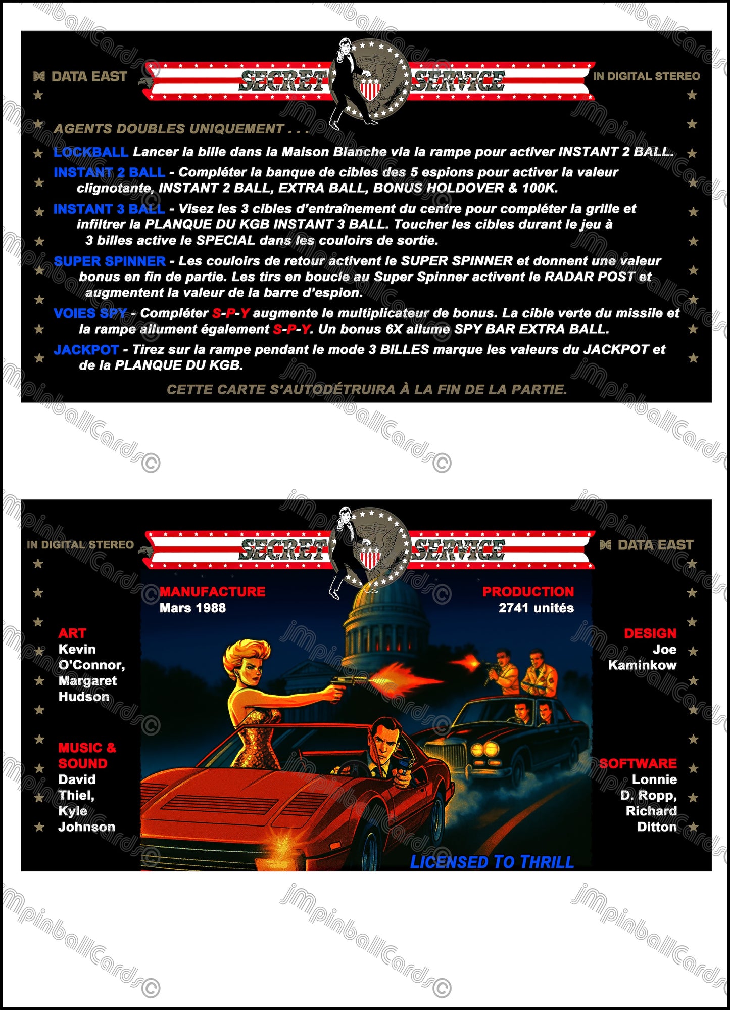 Data East Secret Service 1988 Jeu Cartes Instructions Flipper Custom Apron règles imprimées