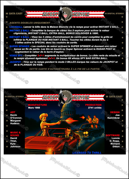 Instrucciones del juego de cartas Data East Secret Service 1988 Pinball Delantal personalizado reglas impresas