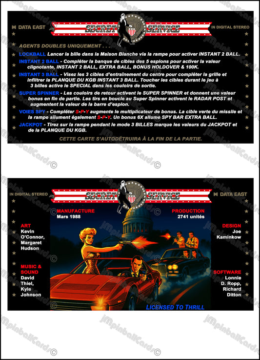 Data East Secret Service 1988 Jeu Cartes Instructions Flipper Custom Apron règles imprimées