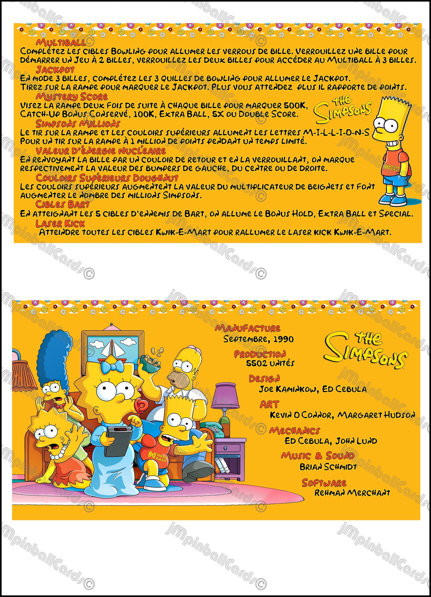 Instrucciones de las tarjetas del juego Data East Los Simpsons 1990 Pinball Delantal personalizado Reglas impresas