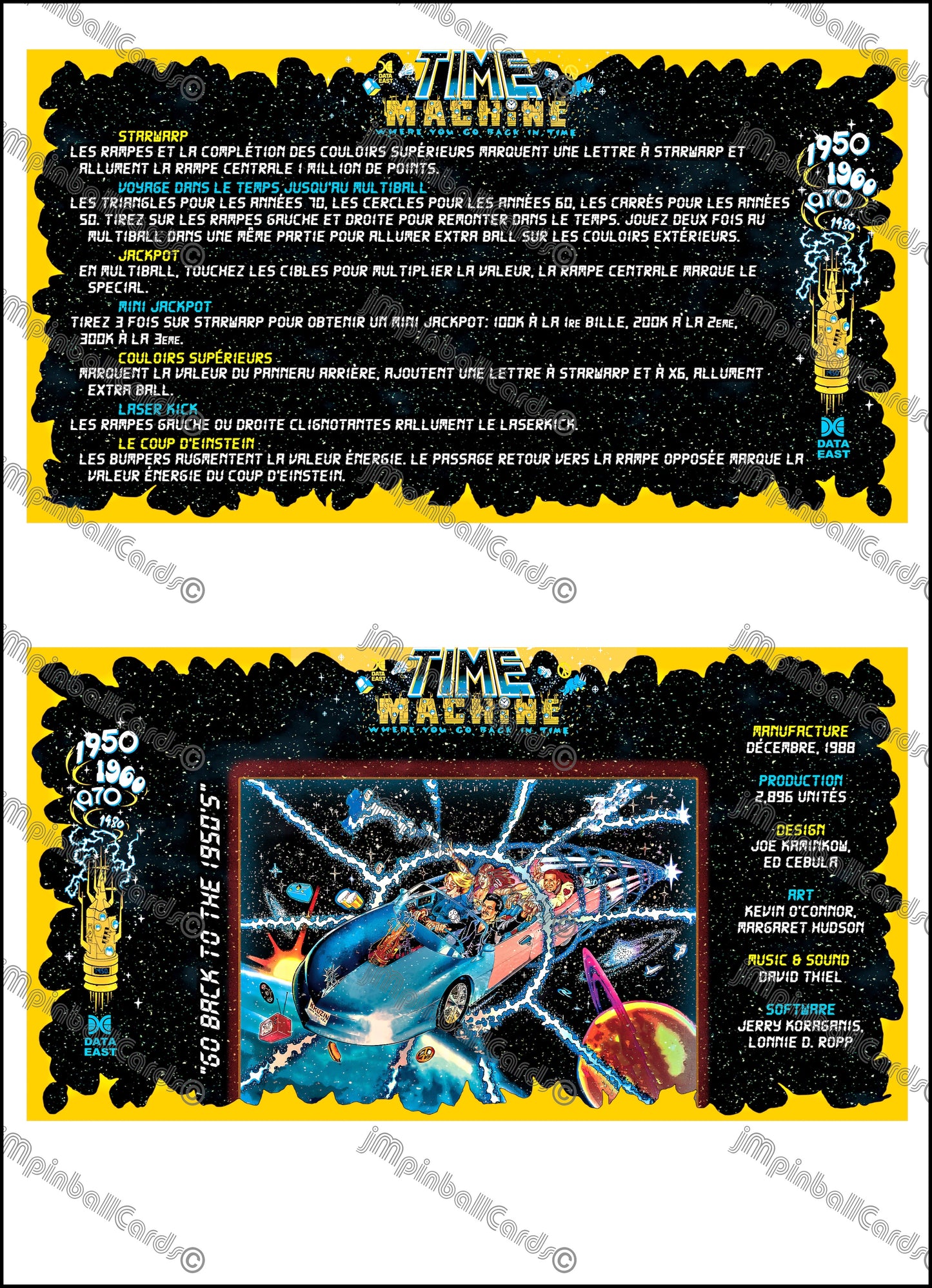 Data East Time Machine 1988 Jeu Cartes Instructions Flipper Custom Apron règles imprimées
