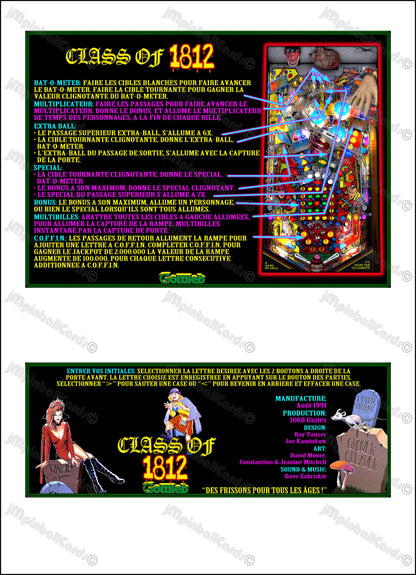 Tarjetas de juego Gottlieb 1991 CLASE DE 1812 Instrucciones Flipper Delantal personalizado reglas impresas