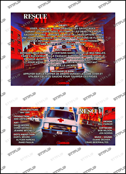 Instrucciones de las tarjetas del juego Gottlieb 1994 RESCUE 911 Pinball Delantal personalizado reglas impresas
