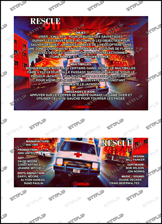 Gottlieb 1994 RESCUE 911 Jeu Cartes Instructions Flipper Custom Apron règles imprimées