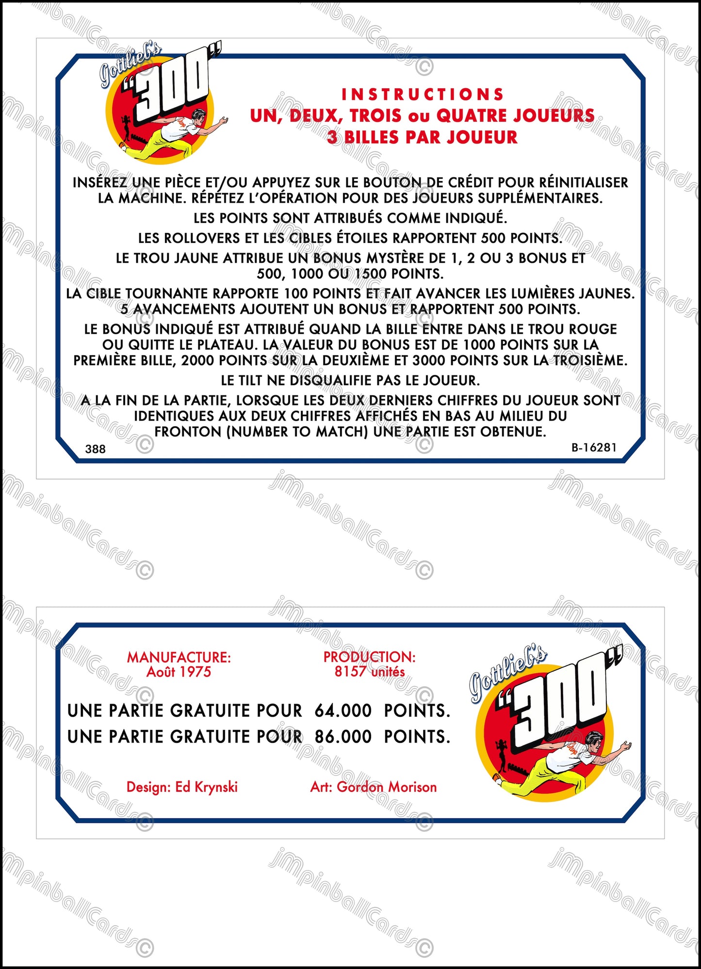 Instrucciones para tarjetas de juego Gottlieb 300 1975, delantal personalizado de pinball, reglas impresas