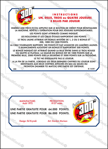 Gottlieb 300 1975 Jeu Cartes Instructions Flipper Custom Apron règles imprimées
