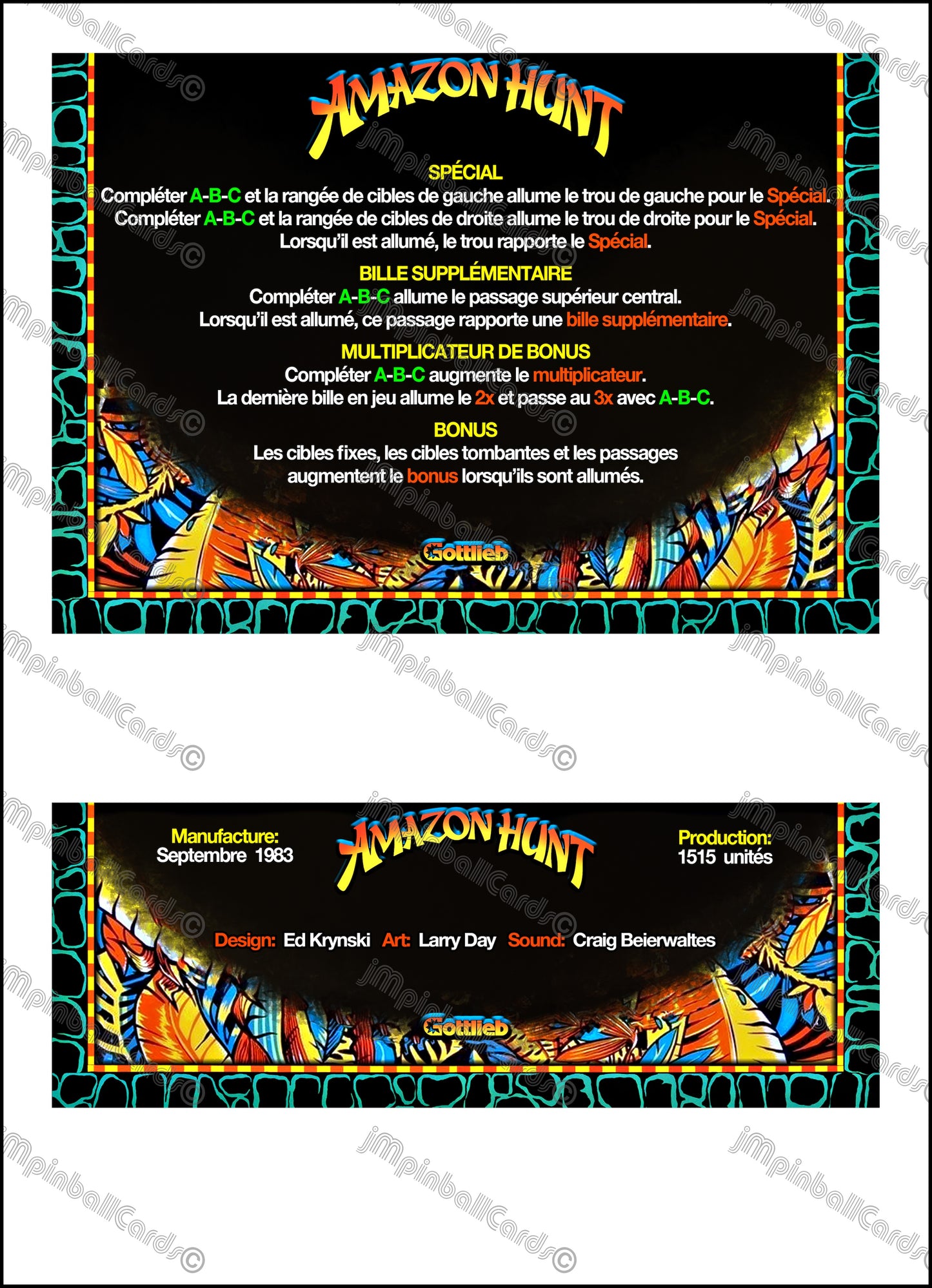 Gottlieb Amazon Hunt 1983 Game Cards Instructions Pinball Custom Apron Printed Rules