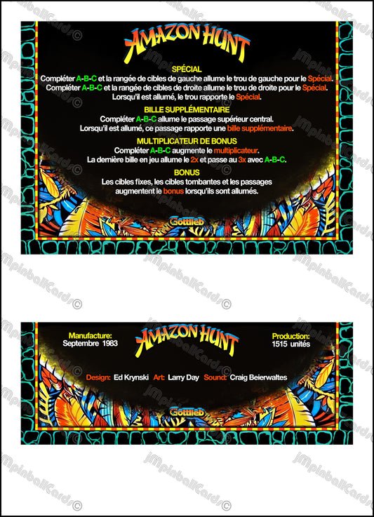 Instrucciones de juego de cartas Gottlieb Amazon Hunt 1983, pinball personalizado, delantal, reglas impresas