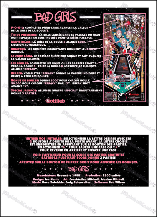 Instrucciones de las tarjetas del juego Gottlieb Bad Girls 1988, tarjetas de pinball personalizadas con impresión de delantal