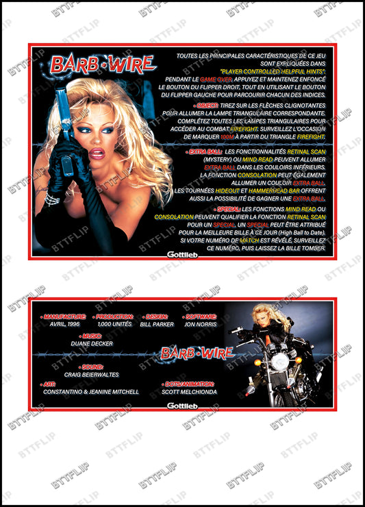 Gottlieb Barb Wire 1996 Jeu Cartes Instructions Flipper Custom Apron règles imprimées Pamela Anderson