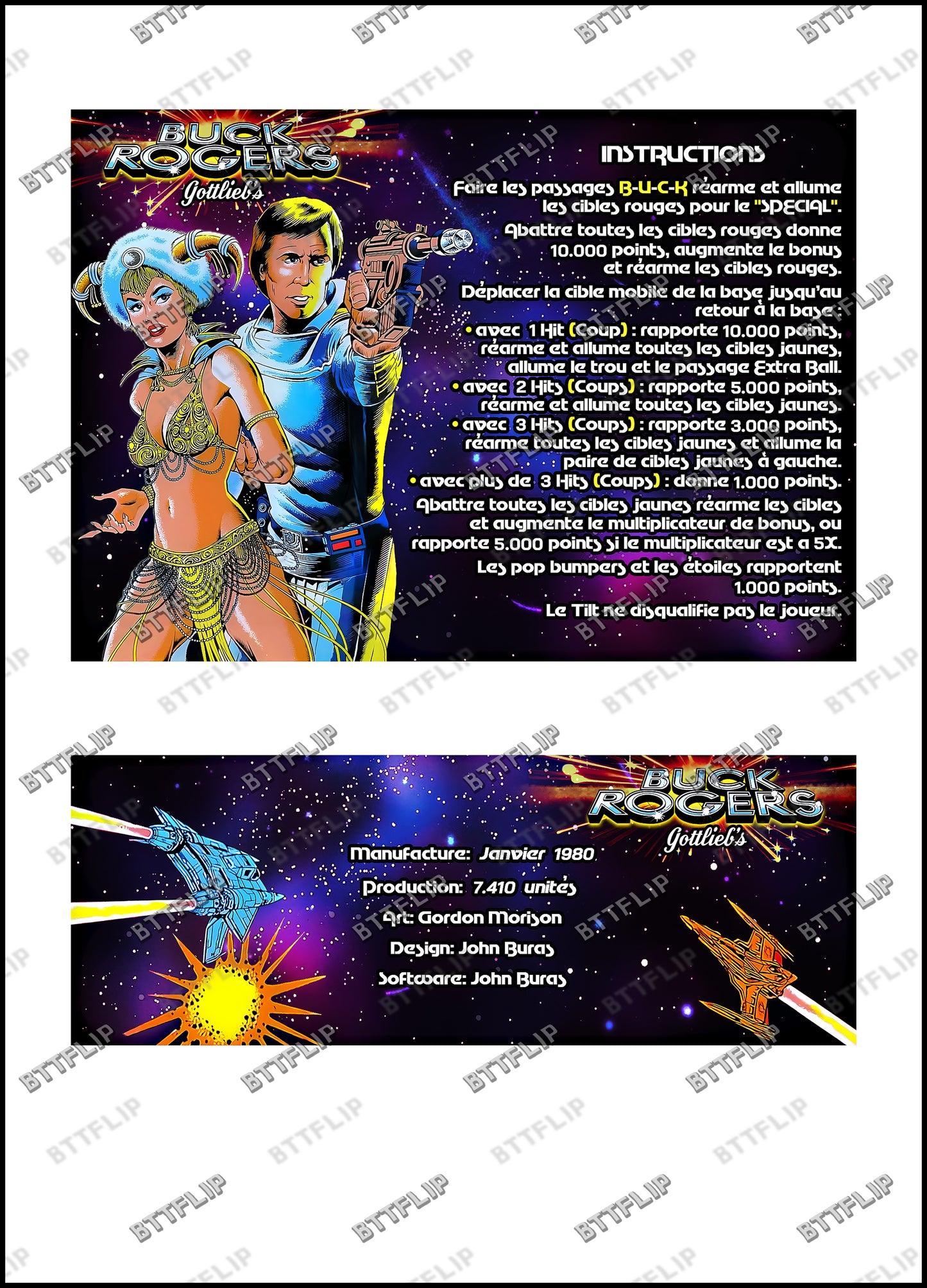 Instrucciones de las tarjetas de juego Gottlieb BUCK ROGERS 1980 Pinball Delantal personalizado reglas impresas