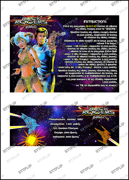 Instrucciones de las tarjetas de juego Gottlieb BUCK ROGERS 1980 Pinball Delantal personalizado reglas impresas