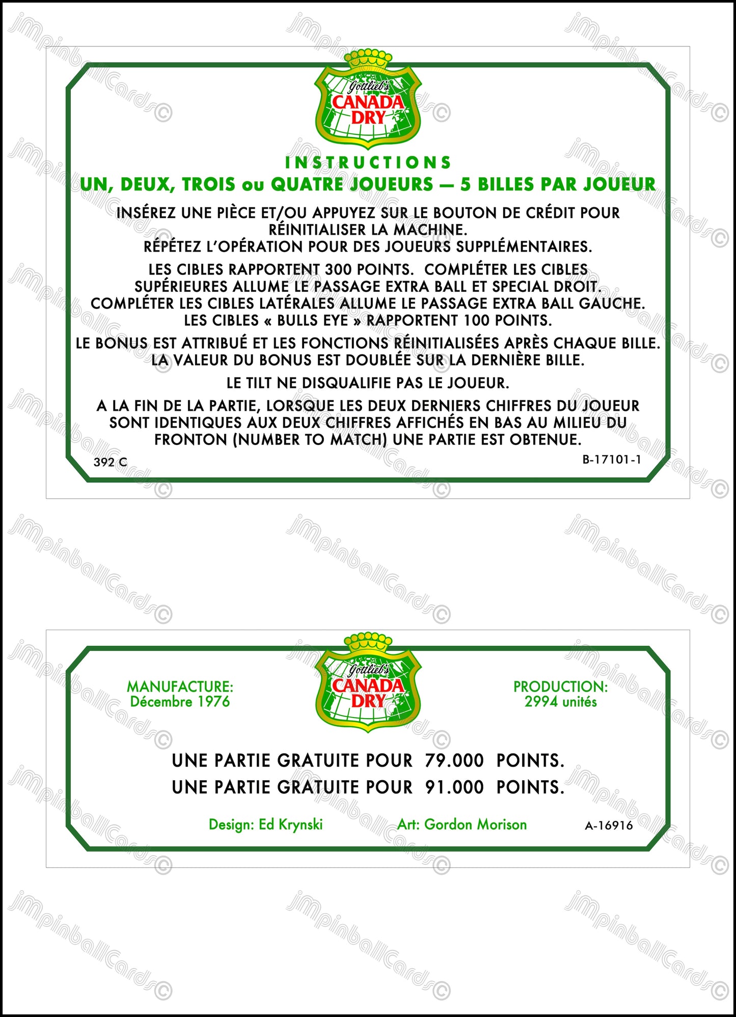 Instrucciones de las tarjetas de juego Gottlieb Canada Dry 1976, delantal personalizado Flipper, reglas impresas