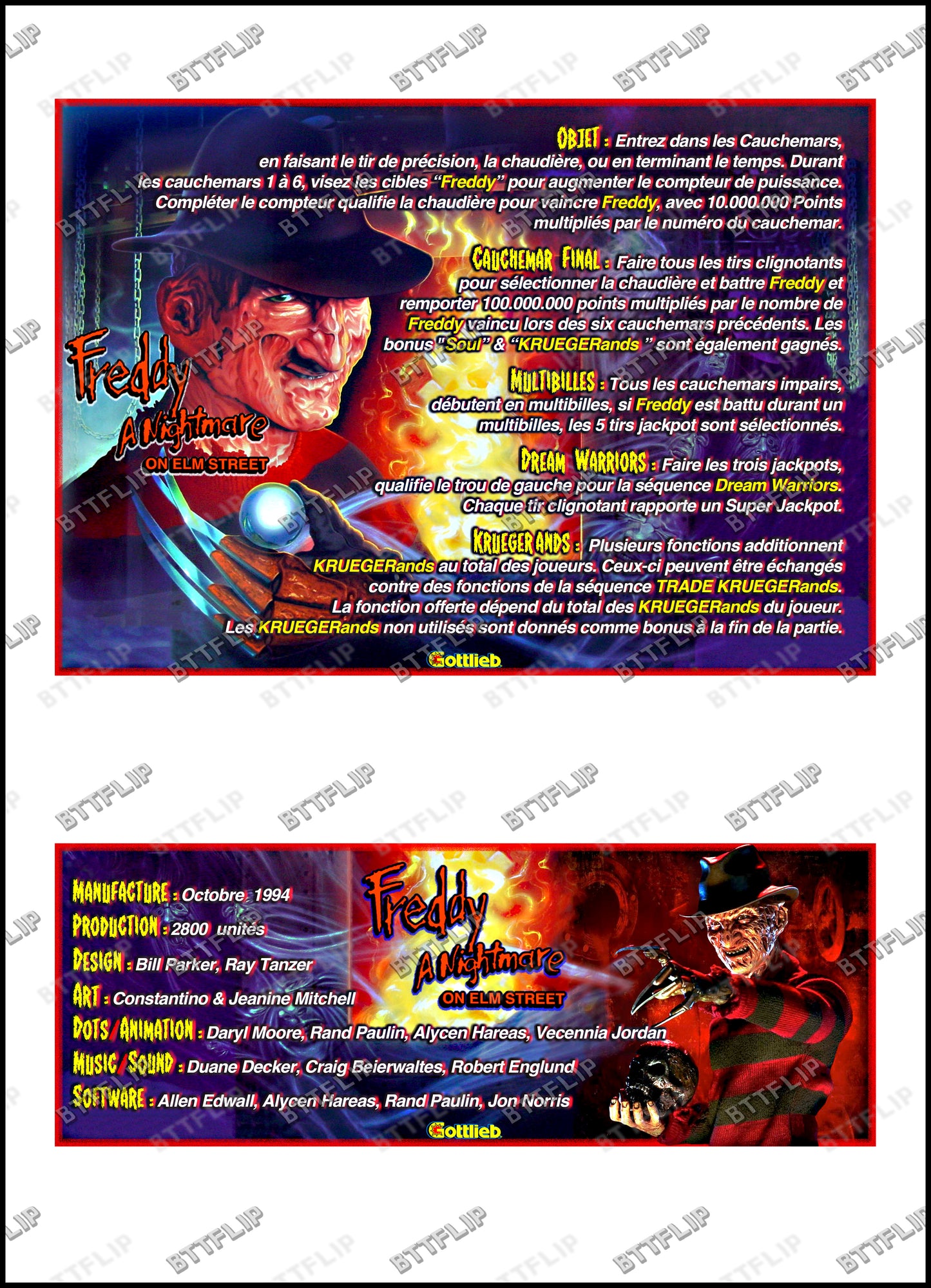 Gottlieb FREDDY A Nightmare On Elm Street 1994 Jeu Cartes Instructions Flipper Custom Apron règles imprimées