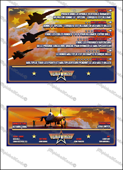 Instrucciones para las tarjetas del juego Gottlieb Gold Wings 1986, delantal personalizado de pinball con reglas impresas