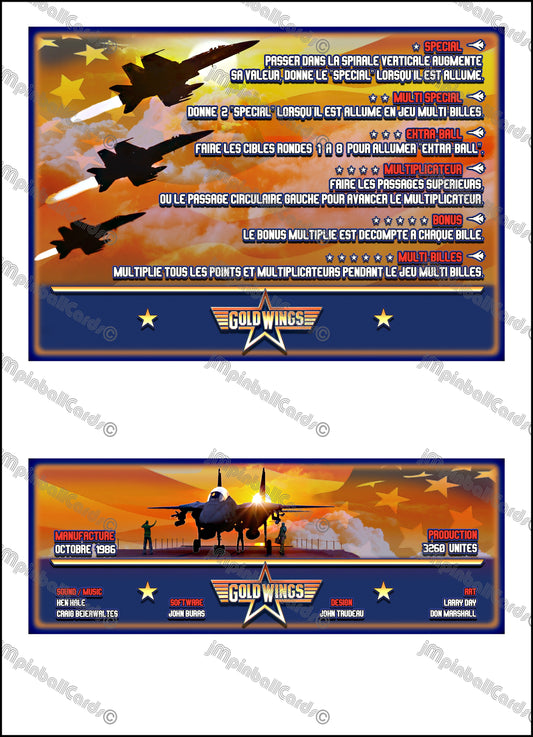 Instrucciones de las tarjetas del juego Gottlieb Gold Wings 1986, tarjetas de pinball personalizadas con impresión de delantal