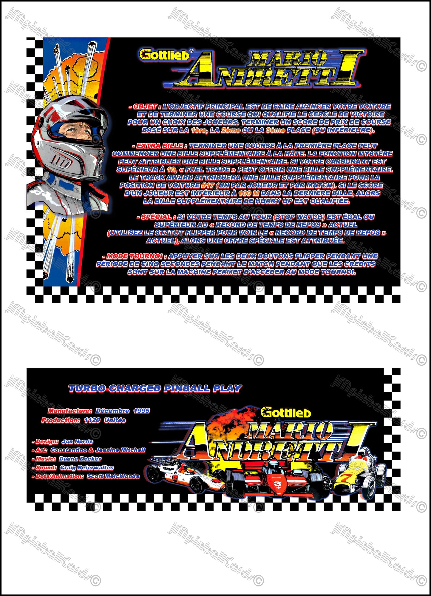 Tarjetas de juego Gottlieb Mario Andretti 1995 Instrucciones de pinball Tarjetas de pinball personalizadas con impresión de delantal