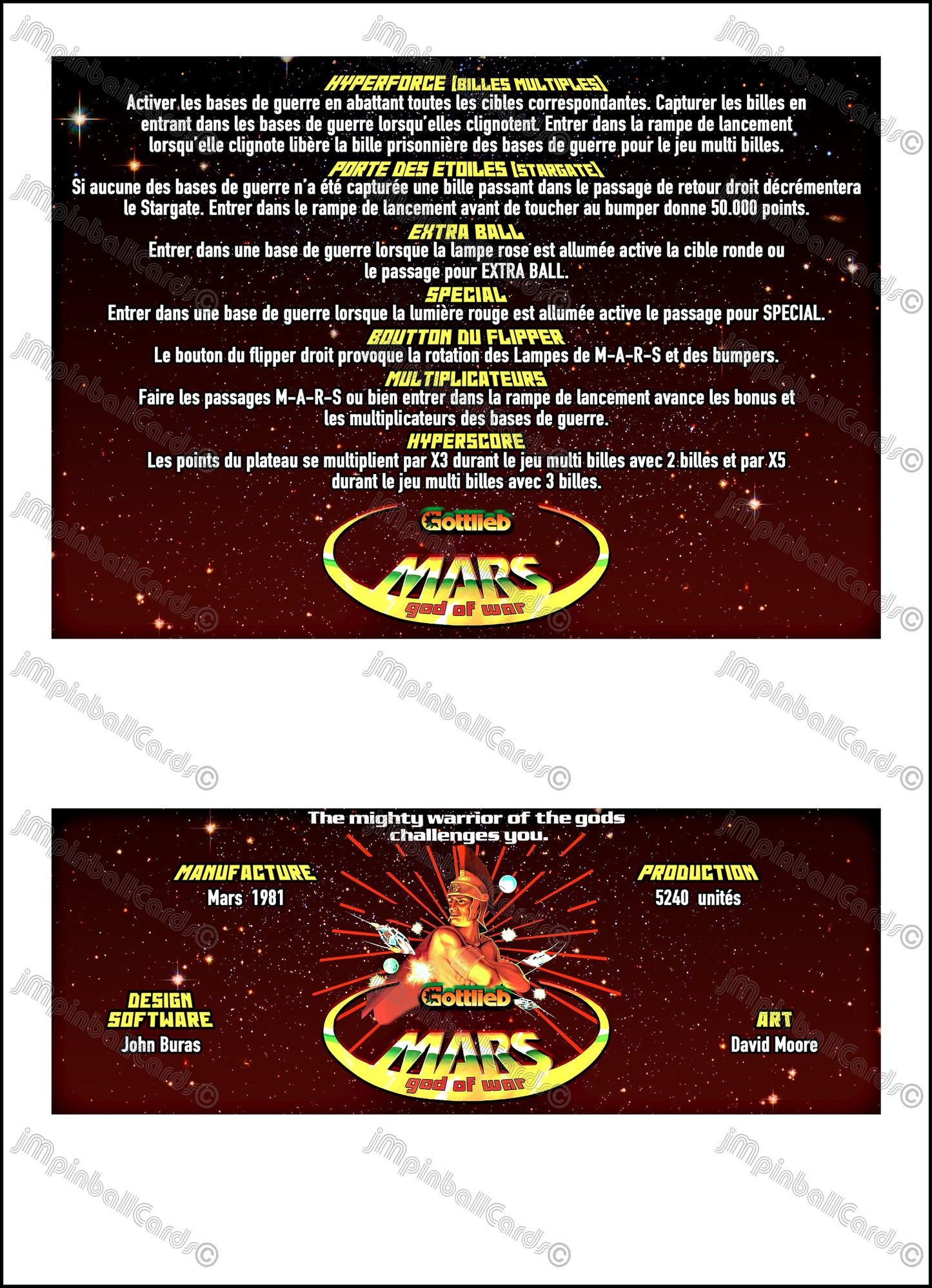 Instrucciones de las tarjetas del juego Gottlieb Mars God of War 1981, reglas impresas del delantal personalizado de pinball