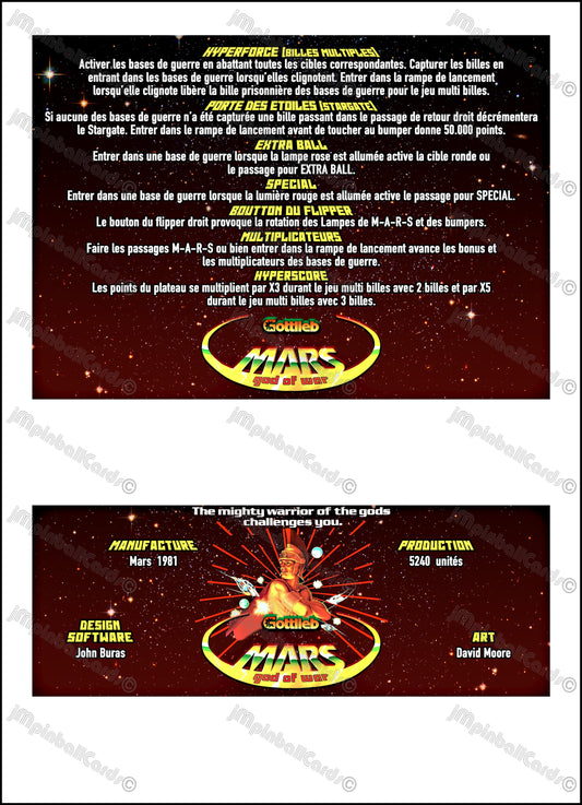 Instrucciones de las tarjetas del juego Gottlieb Mars God of War 1981, reglas impresas del delantal personalizado de pinball