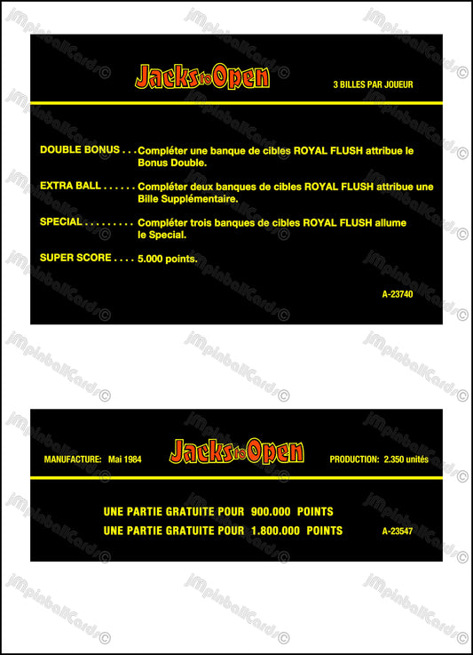 Gottlieb Jacks To Open 1984 Jeu Cartes Instructions Flipper Custom Apron règles imprimées
