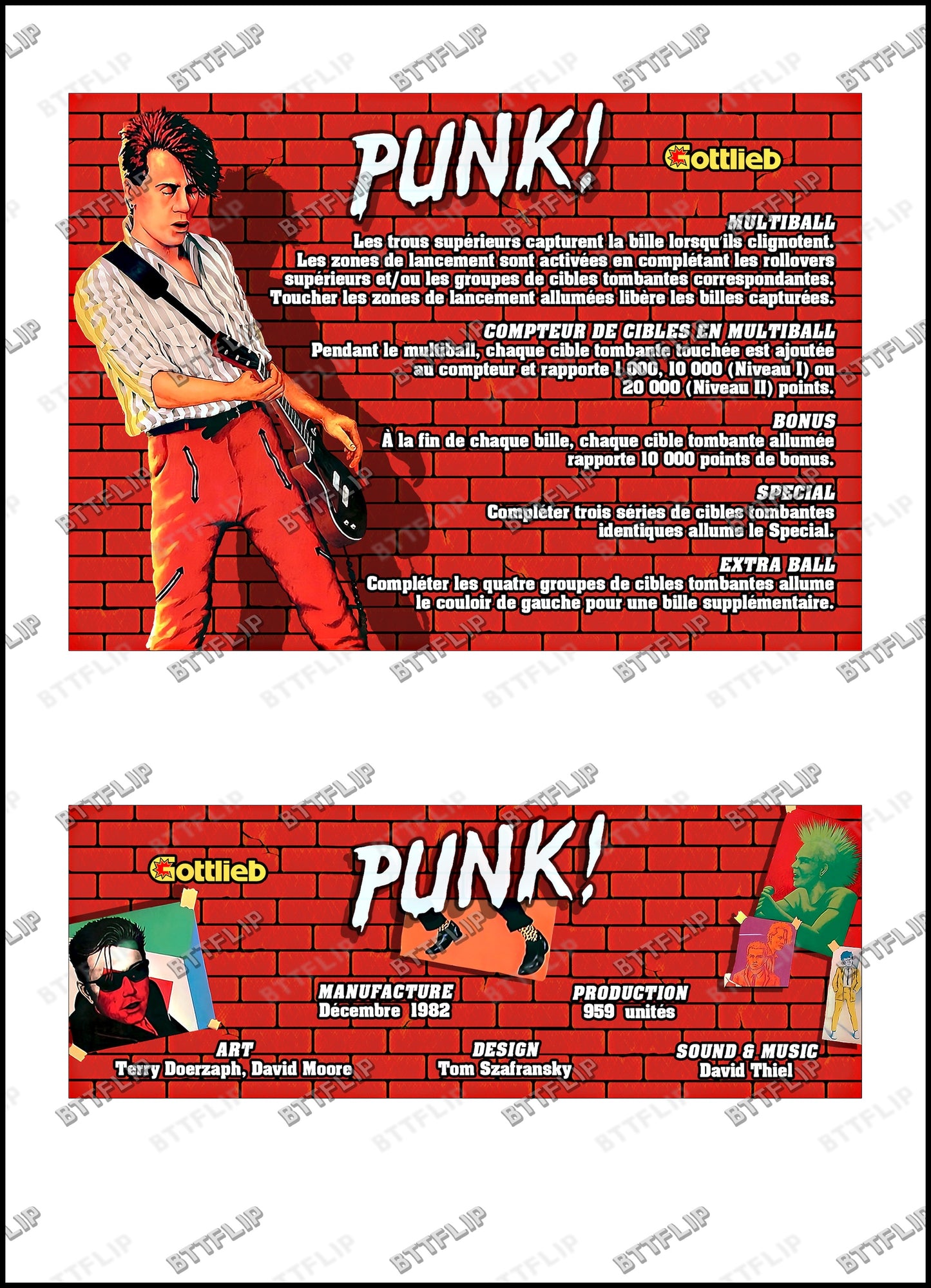 Gottlieb PUNK 1982 Game Cards Instructions Pinball Custom Apron printed rules