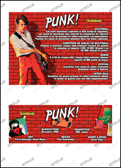 Instrucciones de las tarjetas del juego Gottlieb PUNK 1982 Delantal personalizado de pinball con reglas impresas