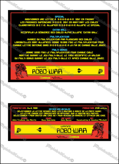 Gottlieb Robo-war 1988 Jeu Cartes Instructions Flipper Custom Apron règles imprimées Robowar