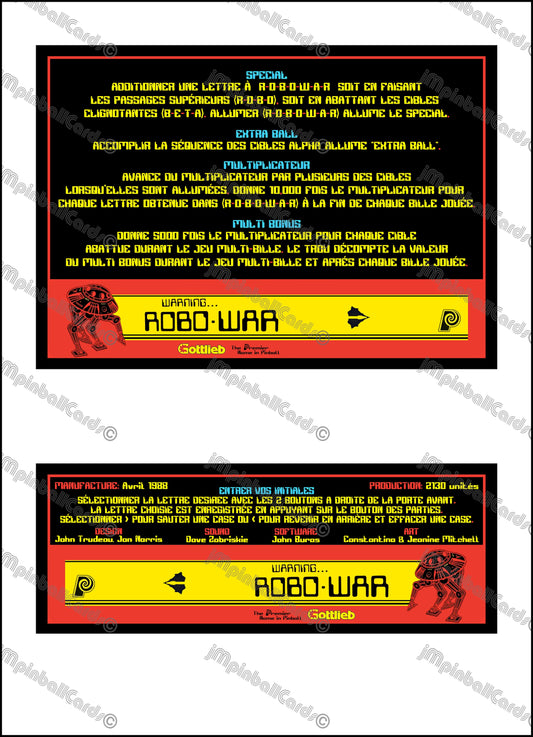 Tarjetas de juego Gottlieb Robo-war 1988 Instrucciones Flipper Delantal personalizado reglas impresas Robowar