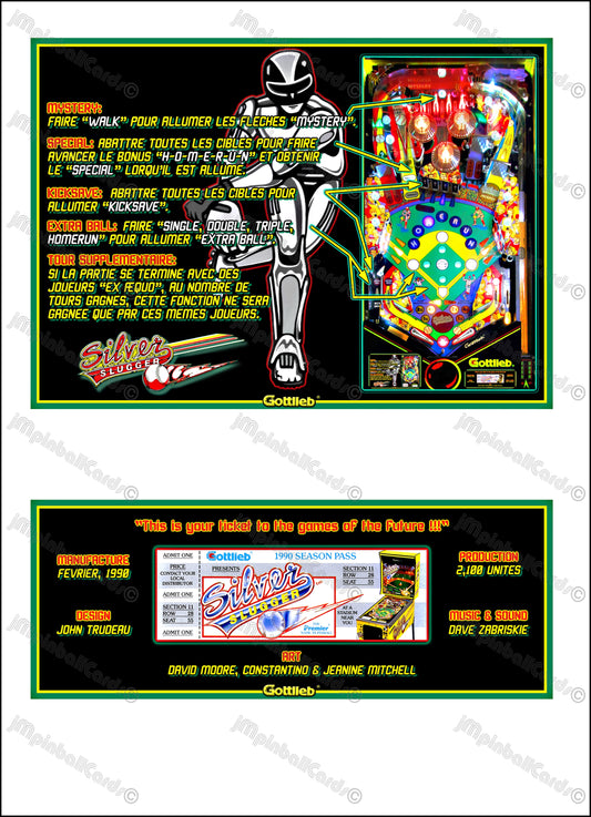 Gottlieb Silver Slugger 1990 Jeu Cartes Instructions Flipper Custom Apron règles imprimées
