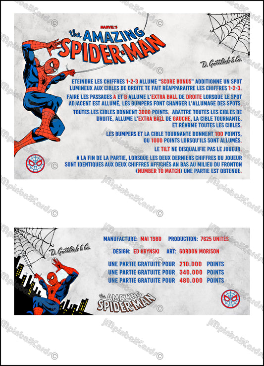 Instrucciones de las tarjetas de juego Gottlieb Spider-Man 1980 Pinball - Tarjetas de pinball personalizadas con impresión personalizada