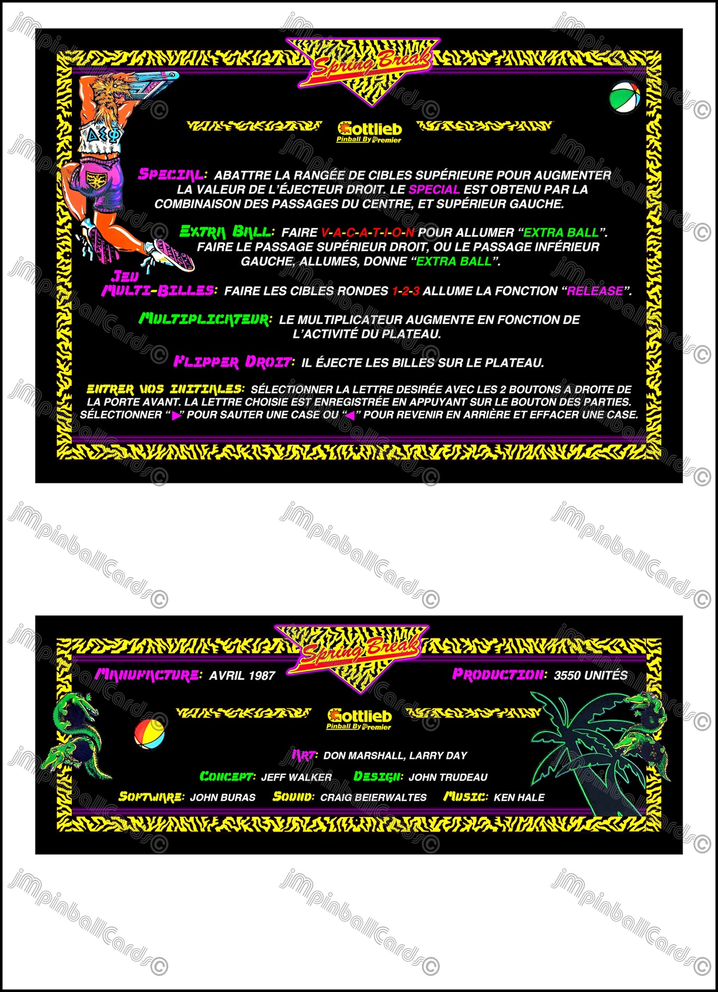 Instrucciones para tarjetas de juego de pinball Gottlieb Spring Break 1987: tarjetas de pinball personalizadas con impresión de delantal