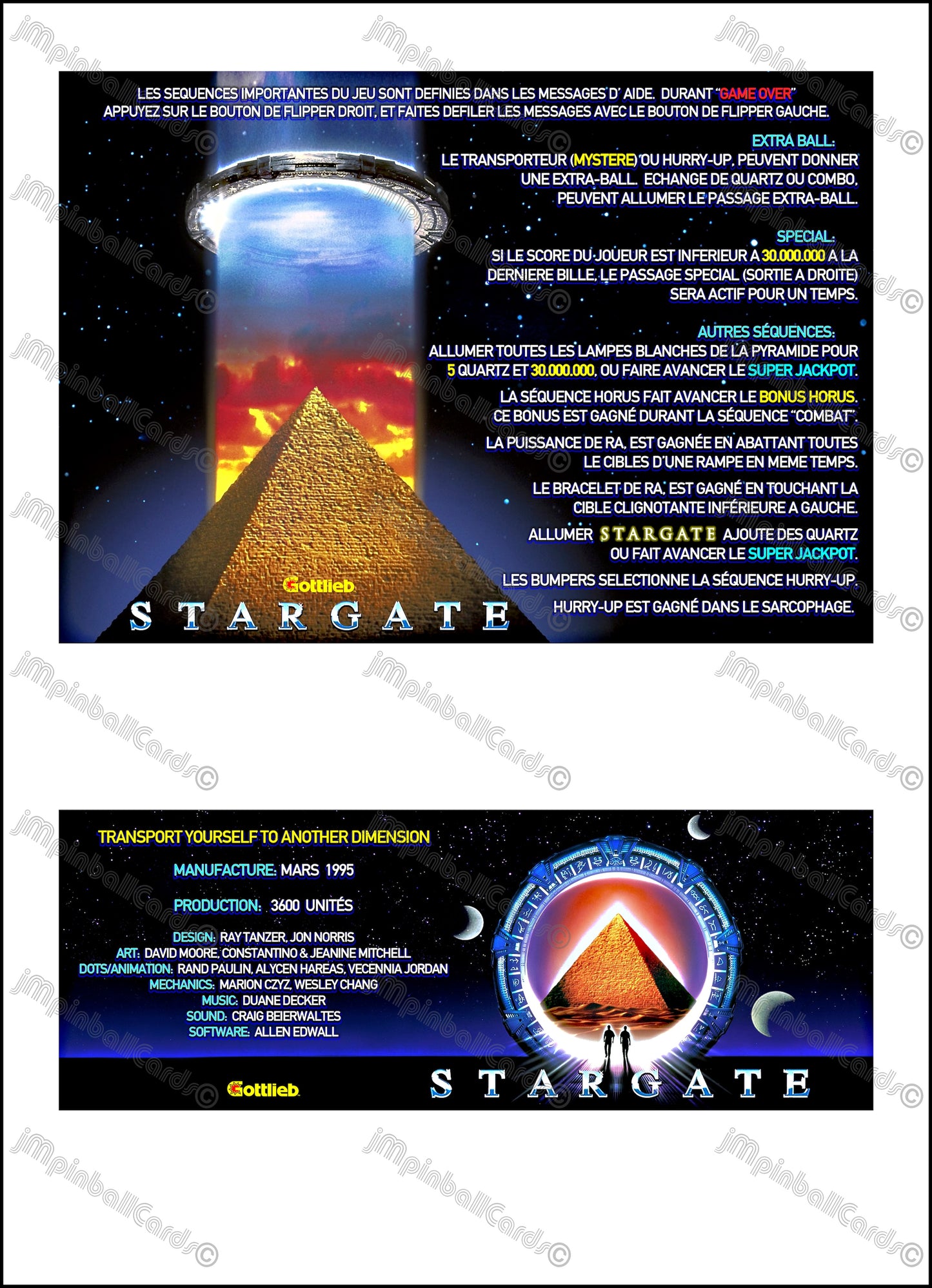 Instrucciones de las tarjetas del juego Gottlieb Stargate 1995, versión Pinball 1, tarjetas de delantal de pinball con impresión personalizada