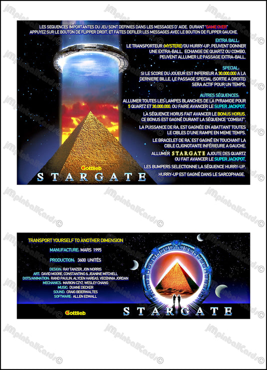 Instrucciones de las tarjetas del juego Gottlieb Stargate 1995, versión Pinball 1, tarjetas de delantal de pinball con impresión personalizada