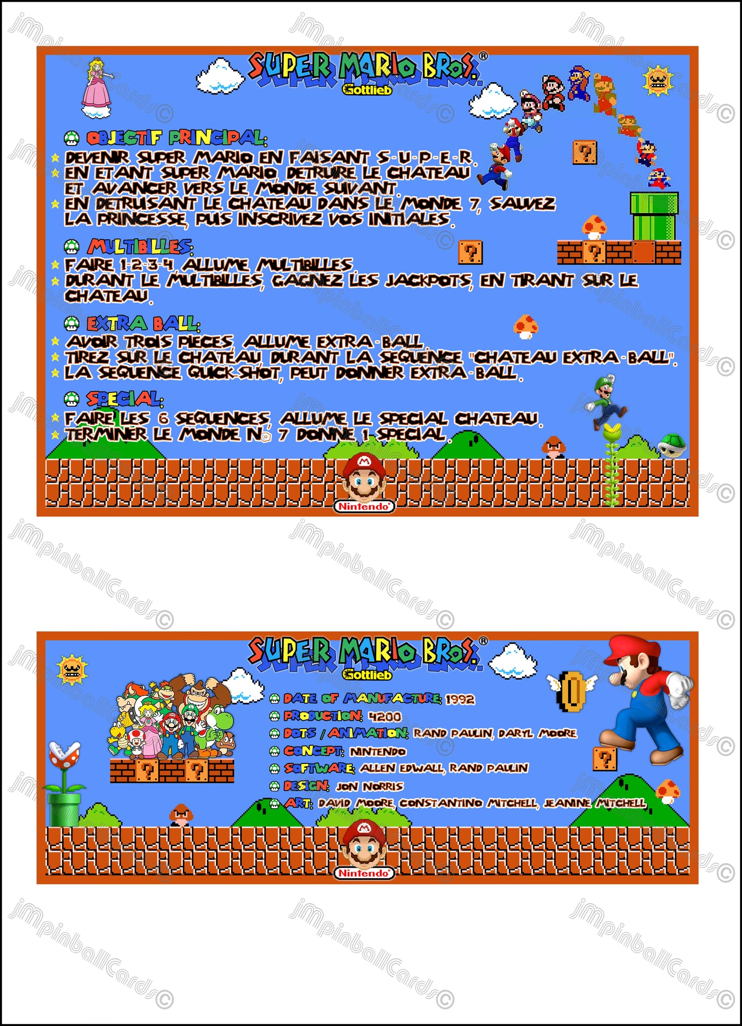 Instrucciones de las tarjetas de juego Gottlieb Super Mario Bros 1992 Pinball - Tarjetas de pinball personalizadas con impresión personalizada