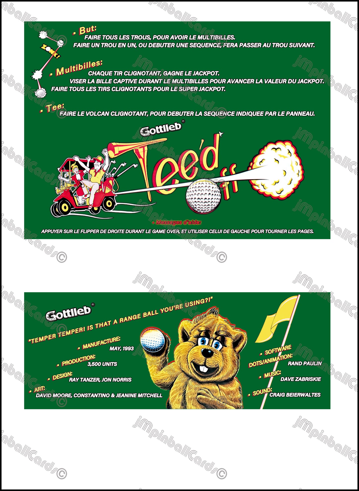 Instrucciones de las tarjetas de juego Gottlieb TEE'D OFF 1993 Pinball - Tarjetas de delantal de pinball con impresión personalizada