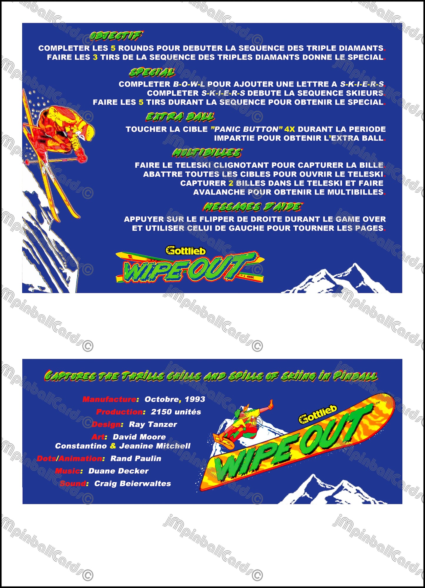 Instrucciones de las tarjetas del juego Gottlieb Wipe Out 1993, reglas impresas del delantal personalizado de pinball
